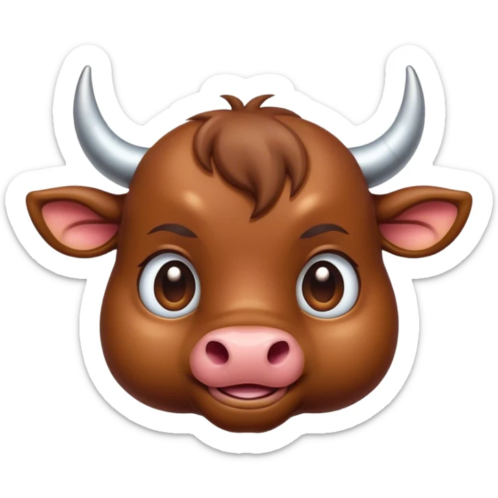 Cinematic Cute Brown Bull Portrait Emoji, Head tilted playfully and inquisitively, featuring a glossy, robust brown hide with a natural sheen, round, sparkling dark eyes filled with gentle curiosity, Simplified yet irresistibly adorable features, highly detailed, glowing with a warm, friendly glow, high shine, affectionate and imposing, stylized with a touch of rugged charm, bright and endearing, soft glowing outline, capturing the essence of a mischievous yet loving bull, so playful it feels like it could stomp out of the screen and into your arms! sticker