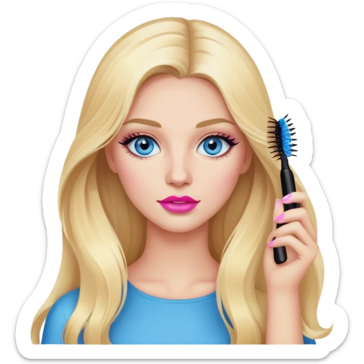 Blonde woman with long hair, blue eyes and pink lips holding mascara in her hands sticker