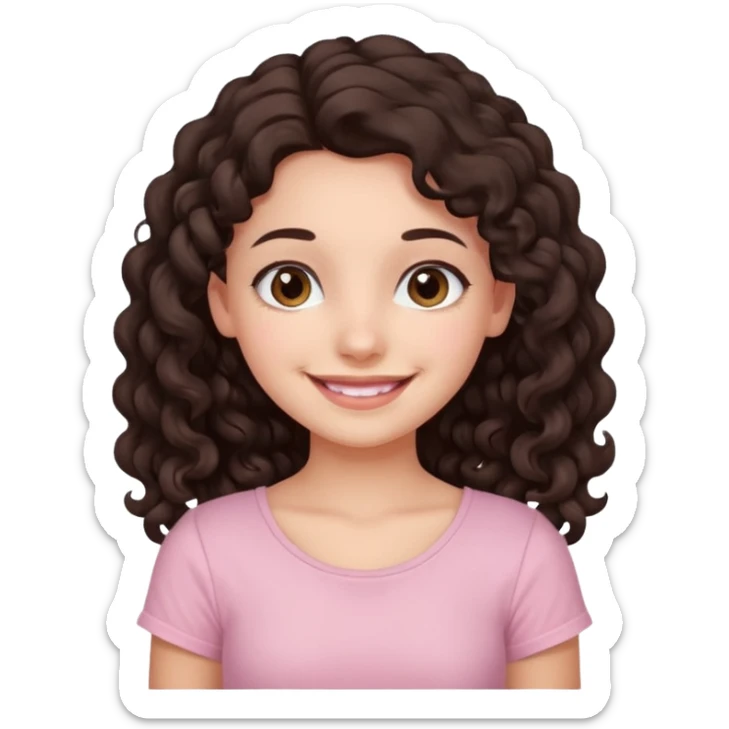 crée moi une jeune fille très belle avec les cheveux bouclés long brune avec un top de couleur rose clair sticker