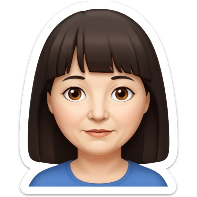 60 yr old woman, very small brown eyes, long straight dark brown hair, bangs, chubby, long face sticker