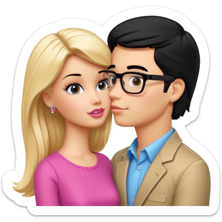 pretty blonde girl barbie kissing nerd with black hair and tan skin on the cheek sticker