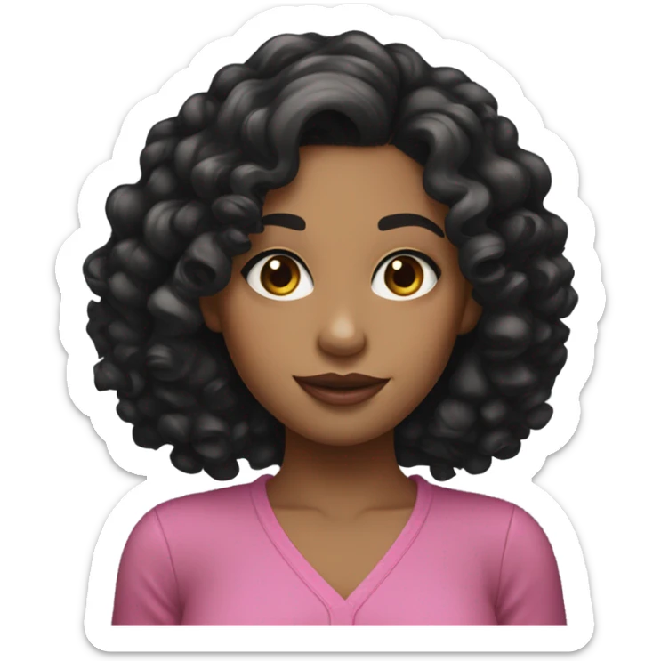 girl, black thick curly hair, middle hair parting, juicy pink lips sticker