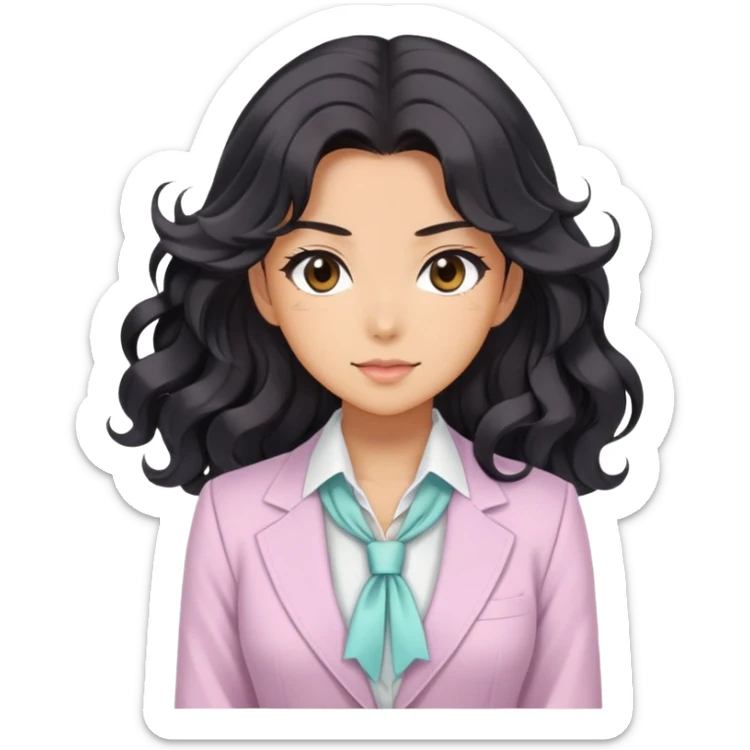 Pretty anime girl with flowing black wavy hair in a professional but feminine pastel outfit, confident boss lady pose sticker