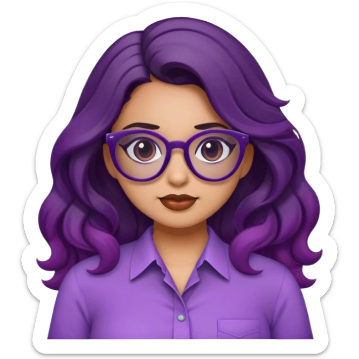 chica con lentes morados, tez morena, cabello ondulado, 29 años con camisa de grogu sticker