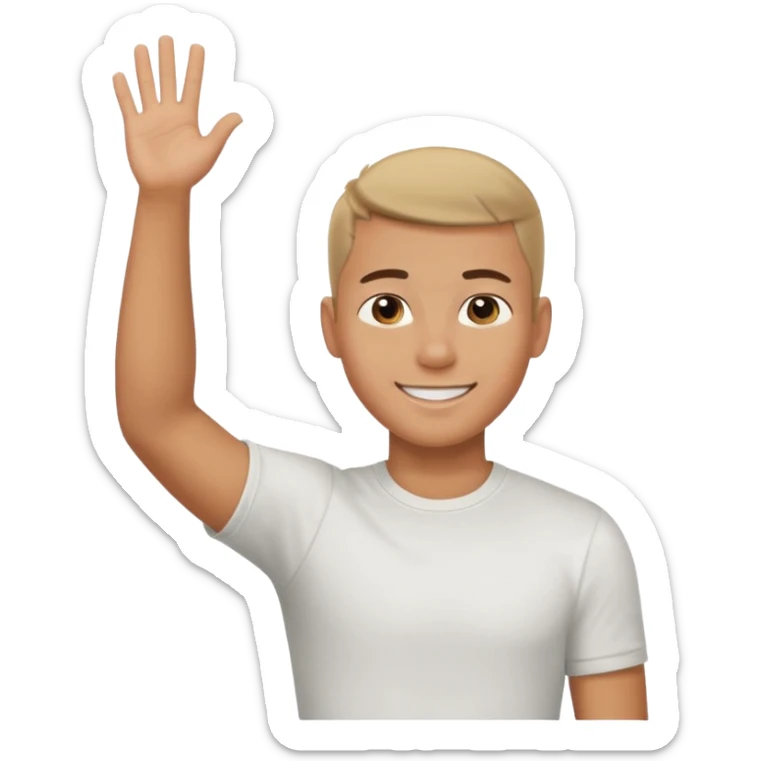 joven bronceado corte de soldado oscuro muy cortito polera blanca sonrisa bonita saludando mano arriba sticker