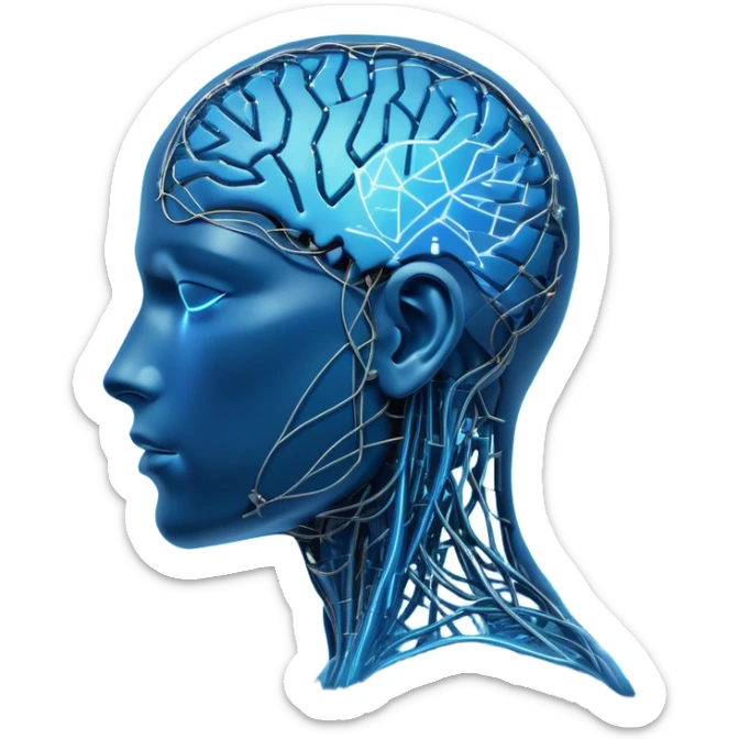 A futuristic and sleek AI-themed emoji. A glowing blue human head silhouette with a transparent effect, filled with interconnected circuit lines and neural nodes, symbolizing artificial intelligence. The head has a smooth, minimalistic design with a subtle glow around it. One side of the head blends into a digital pixelated pattern, showing the transition between human and machine intelligence. A small floating holographic brain or chip icon hovers near the head, reinforcing the AI theme. The background is dark or gradient blue to enhance the high-tech feel sticker