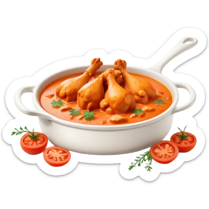 Cinematic Realistic Butter Chicken Dish Emoji, depicted with tender chicken simmered in a creamy tomato‚Äêbased sauce rendered with rich textures and dynamic, appetizing lighting. sticker
