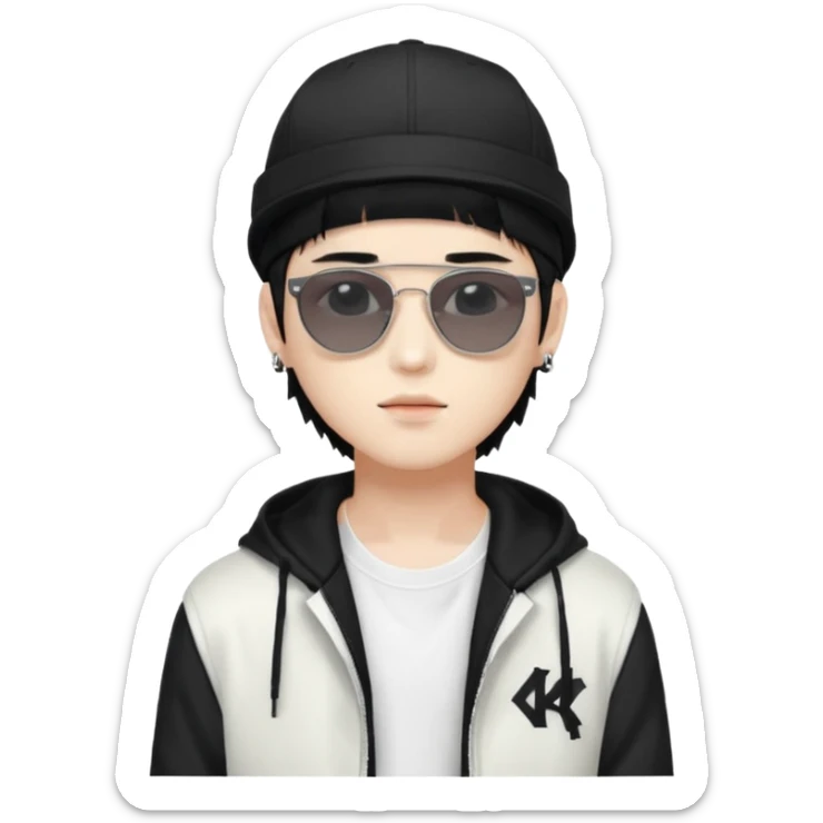 Portrait of a male K-pop idol, white skin, wearing a stylish streetwear outfit with layered clothing, makeup, wearing a black cap, sunglasses sticker