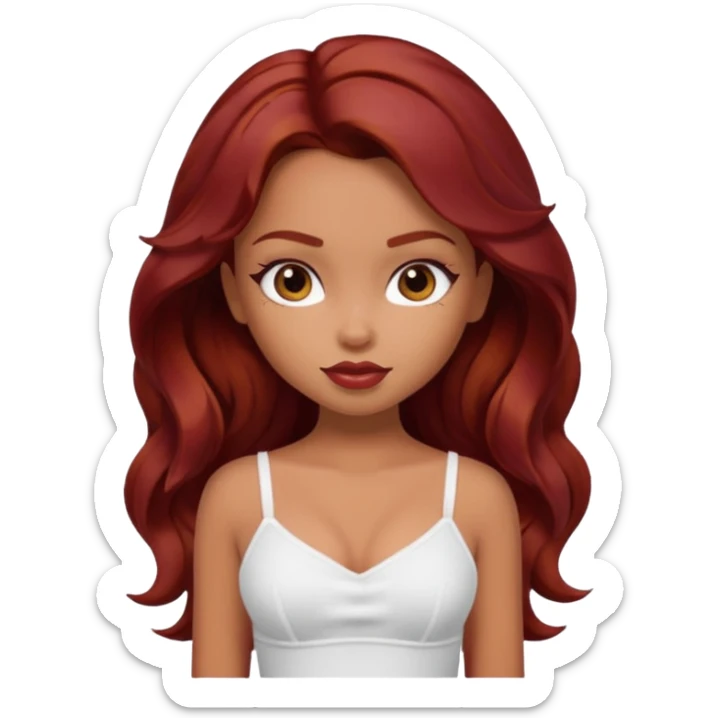 a pretty bratz tan girl with wavy dark red hair wearing a white cami top. Skintone is tan sticker