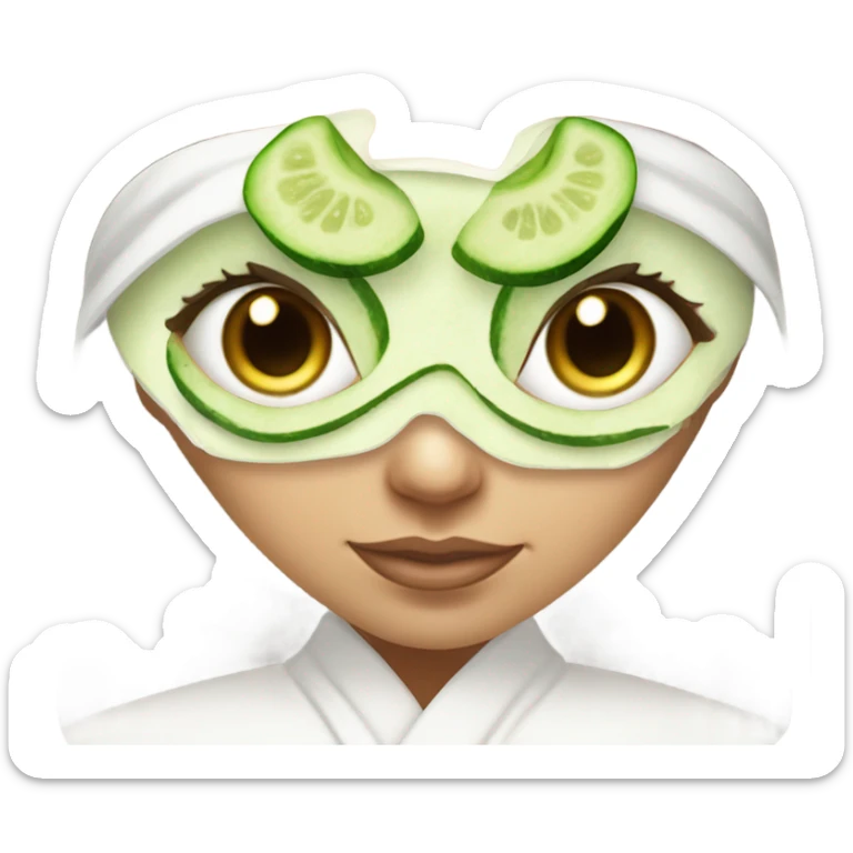 White girl with Brown hair and blue eyes wears a Green clay colored skincare textured mask and puts on cucumbers around her eyes while She relaxes in her white Robe sticker