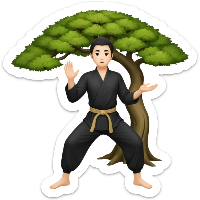 pratiquant de qi gong, homme aux cheveux long, en position de l'arbre, en tenue noire ou blanche. L'image ne contiendra pas d'arbre sticker