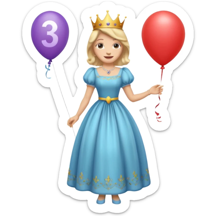 queen wearing dress, holding balloon in shape of number 3 sticker