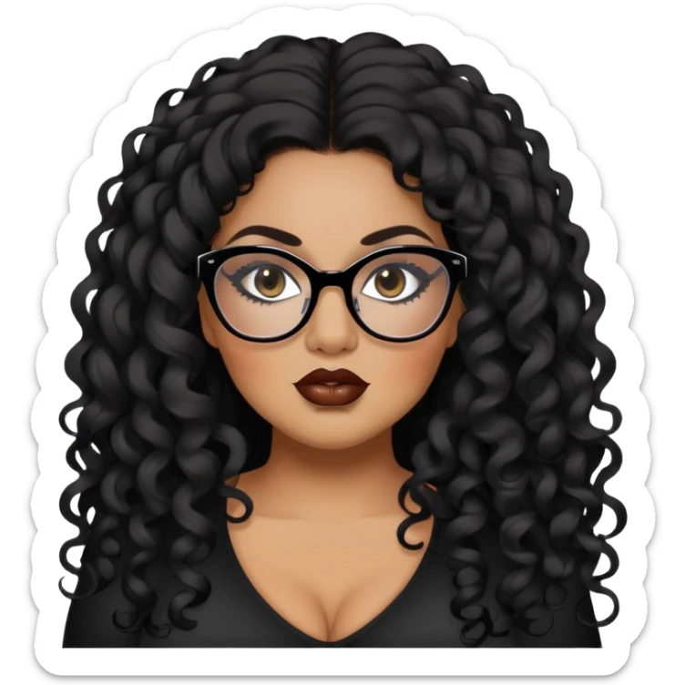 glasses, big plus size, darker tan skin, long black curly hair, baddie,pretty, makeup, lipliner, black eyeliner, long hair sticker