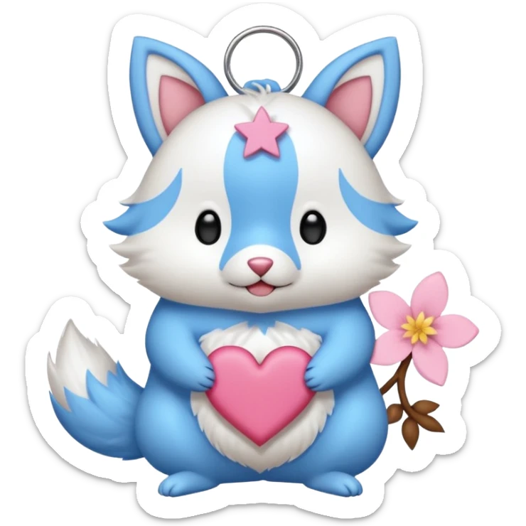 GENERATE ME A MOMONGA WHITE ANIMAL  FROM CHIIKAWA AND PUT A SAKURA FLOWER ON HIS HEAD AND A STAR PELT ON HIS BELLY AND A HEART PURSE ON HIS ARM WITH HIS FACE MAKE HIS TOUNGE STICK OUT WITH A LITTLEPINCH OFDROOL AND MAKE HIM ANIME STYLED ART GIVE HIM A BIG BLUE FLUFFY TAIL JUST TAIL sticker