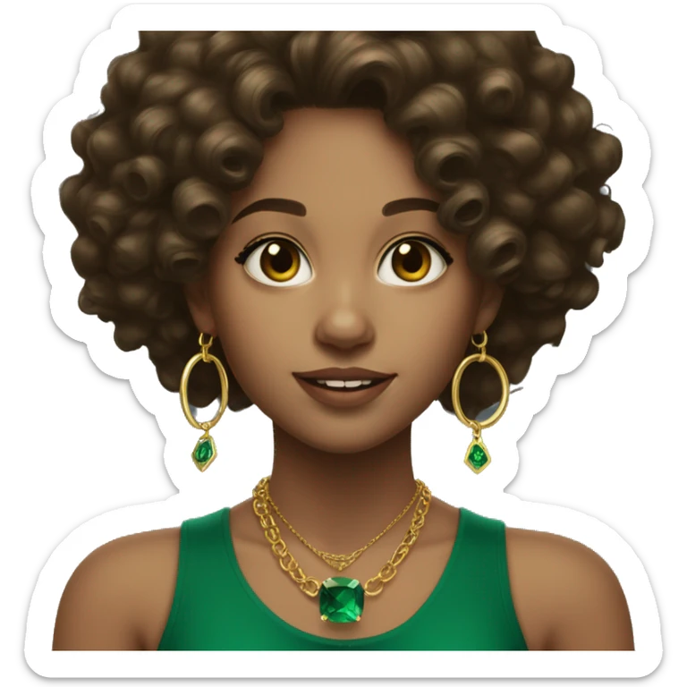 A lightskinned girl with dark brown long curly hair and emerald green top with gold necklaces and tiny gold hoop earrings  sticker