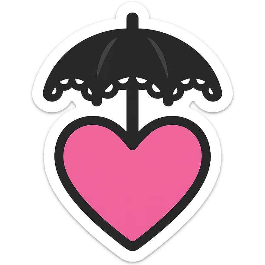 gothic heart with a black lace umbrella, color icon filled style, pink and black sticker