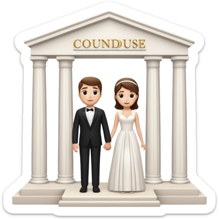 A 3D cartoon courthouse wedding venue with a bride and groom standing at the entrance, elegant white columns, soft natural lighting, simple modern decor, minimal background, realistic Memoji-style rendering. sticker