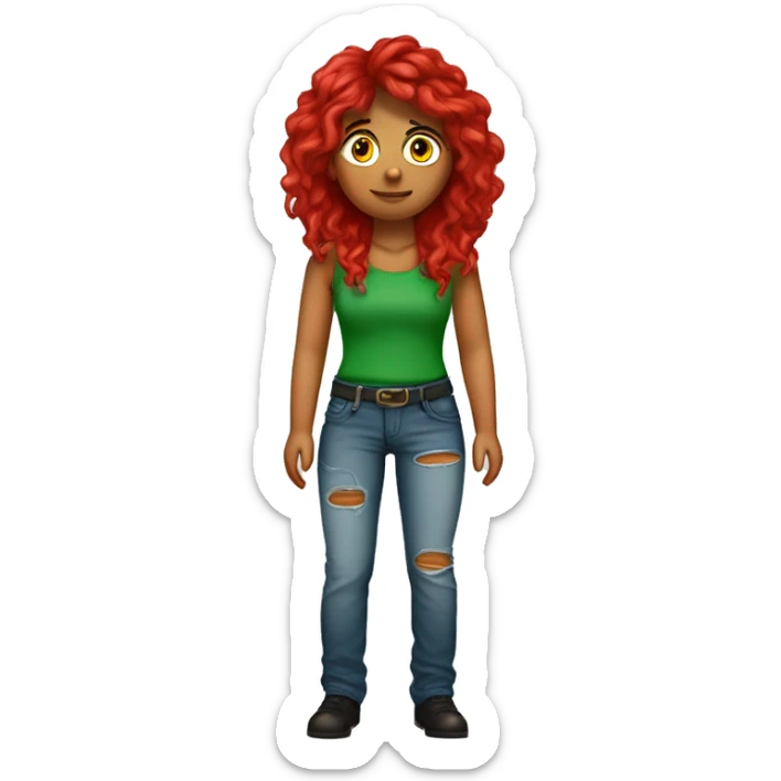 Chica pelo rojo largo ondulado, ojos verdes,cuerpo completo con pantalones vaqueros  rotos y camiseta negra sticker