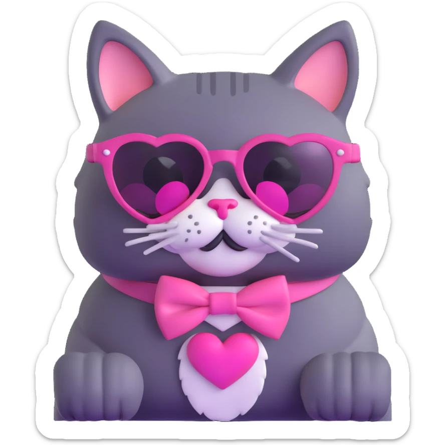 cat with pink heart sunglasses, pink moustache, and pink bow sticker