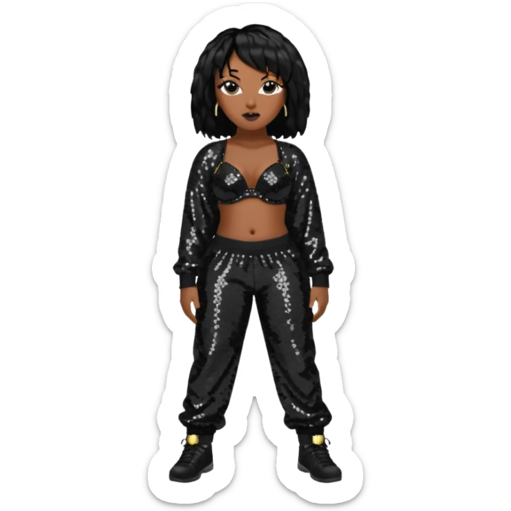 Missy Elliott with black hair, black sequin bra, black sequin baggy pants sticker