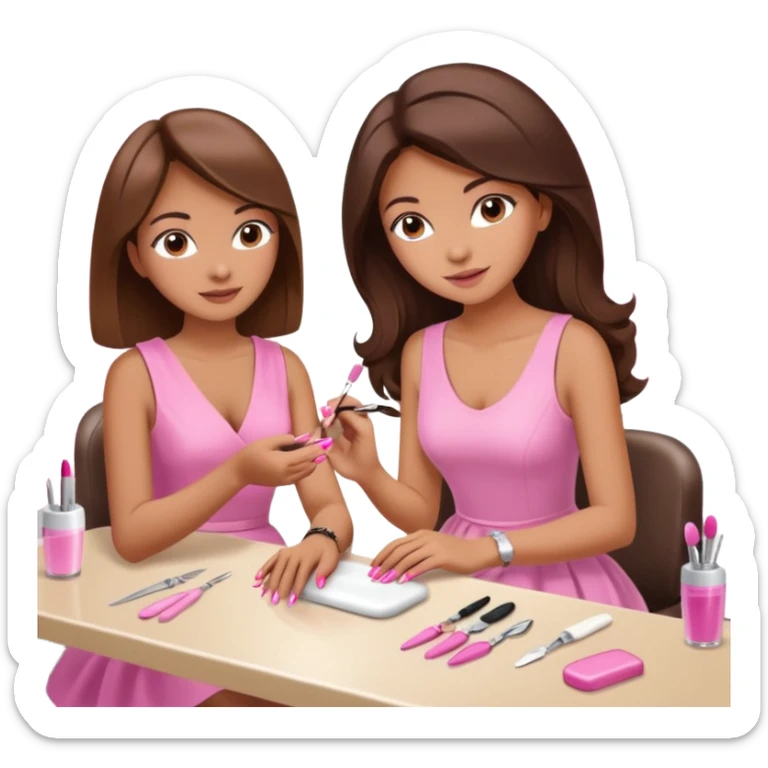 A realistic illustration of a girl with medium-length thick brown hair sitting at a manicure table. Another girl is carefully doing her nails, using professional manicure tools. Soft natural lighting, clean salon environment, detailed hands and nail work, warm and pleasant atmosphere. sticker