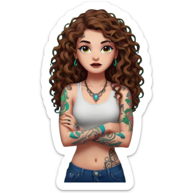 full body view of a woman with long curly brown hair, brown eyes, white skin, tattoos, arms crossed, eyebrow raised, neon forest chaos behind her sticker