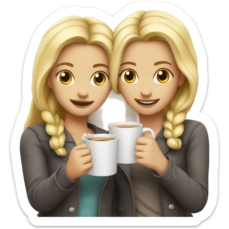 Two blonde girls are standing in an embrace and holding coffee in their hands sticker