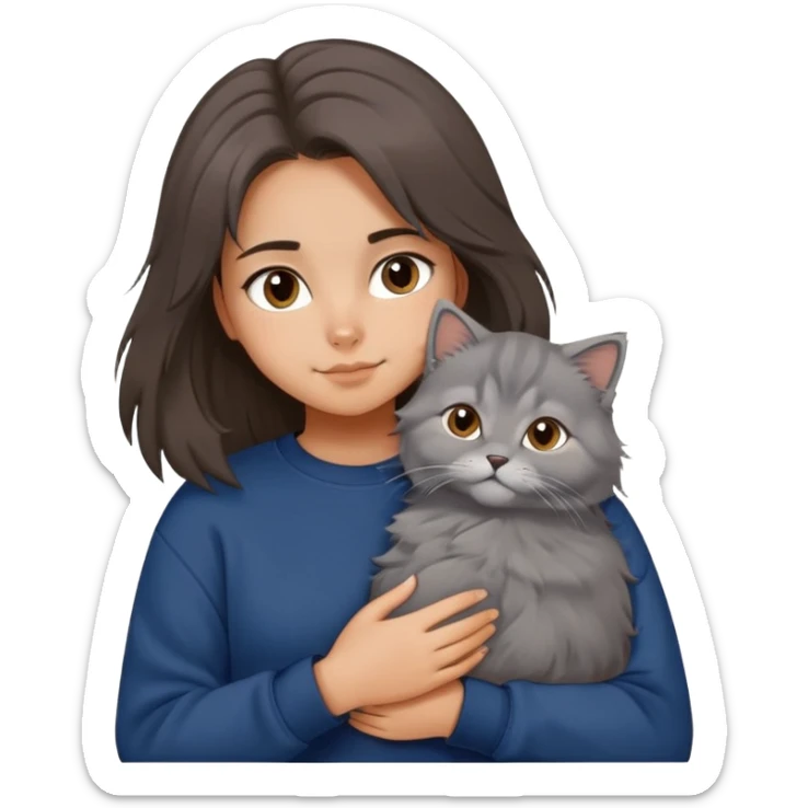 Brunette girl with dark blue sweatshirt snuggling a fluffy grey Siberian cat, cute cartoon style sticker