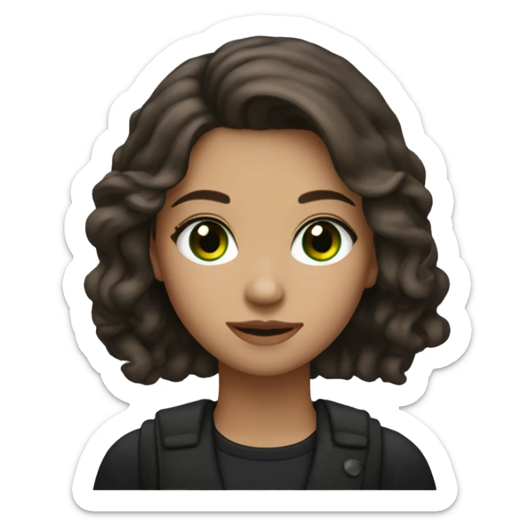 A girl with brown hair, green eyes, a slight smile, wearing small silver earrings. Dressed predominantly in dark clothing, especially black. sticker