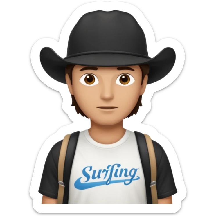 Male brunette movie producer black baseball hat that says surfing cowboys with white tshirt sticker