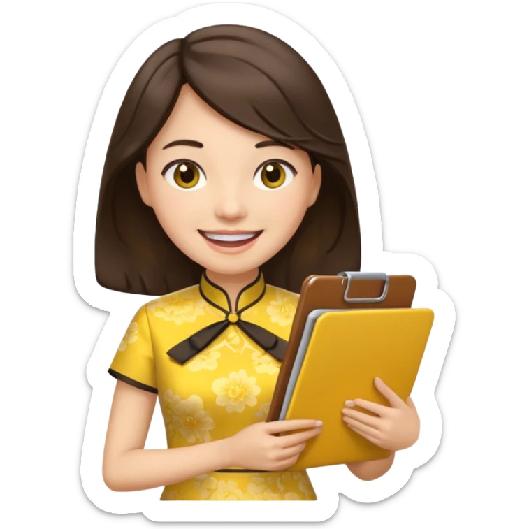 Teacher emoji but : wavy (not straight) dark brown hair, light skin, no glasses, dark eyes, with a computer folder in the hand (color is yellow), being a teacher, wearing a chinese qipao ( dark blue), smile with teeth




 sticker