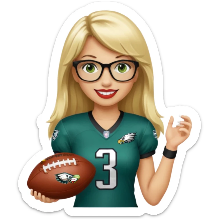 full length women wearing eagles uniform, long blonde hair, bangs, green eyes, black glasses, holding football, number 33, smiling, lipstick sticker