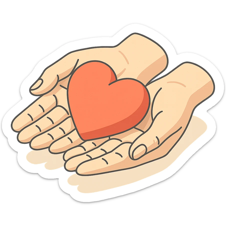 A very detailed 2D isometric style illustration of a heart held in neat feminine hands, hands cupped like a bowl, with detailed shadows and highlights, clean contours, soft lighting, and a transparent background. sticker