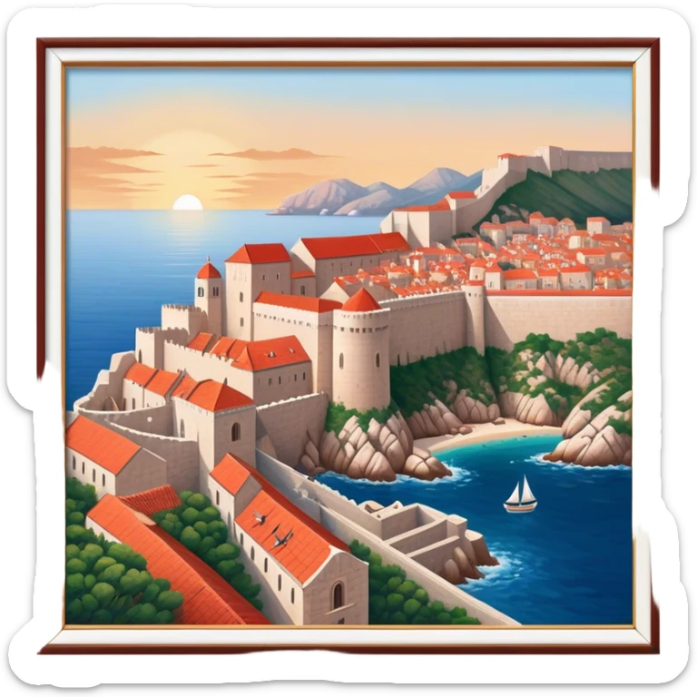 Cinematic Realistic Dubrovnik Landmark Emoji, depicted with historic fortified walls and red‚Äêtiled roofs rendered with intricate detail and dynamic, coastal lighting. sticker