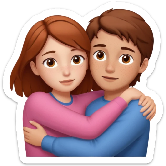 Girl and guy, both peach skin, girl has freckles, both have browm hair HUGING EMOJI sticker