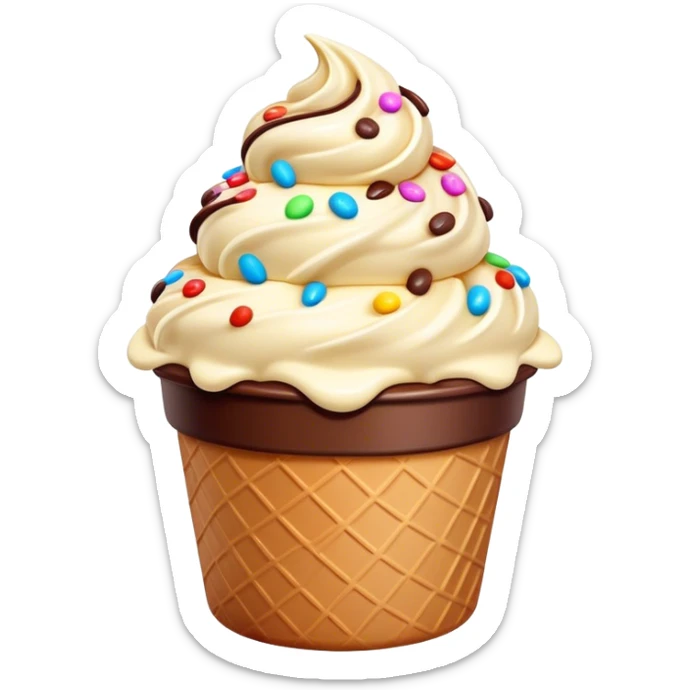 Cinematic scoop of rich, creamy ice cream, slightly melting, smooth swirls of chocolate and vanilla, colorful sprinkles on top, warm glowing background, playful and inviting. sticker