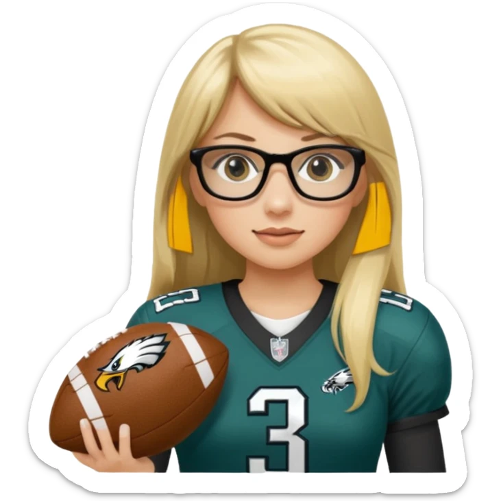 full length women wearing eagles uniform, long blonde hair, straight bangs, black glasses, holding football, number 33 sticker