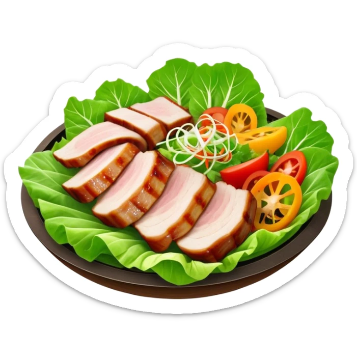 Samgyeopsal Cinematic Realistic Samgyeopsal Dish Emoji, depicted as slices of grilled pork belly served in crisp lettuce leaves with assorted fresh vegetables, rendered with dynamic textures and appetizing, natural lighting. sticker