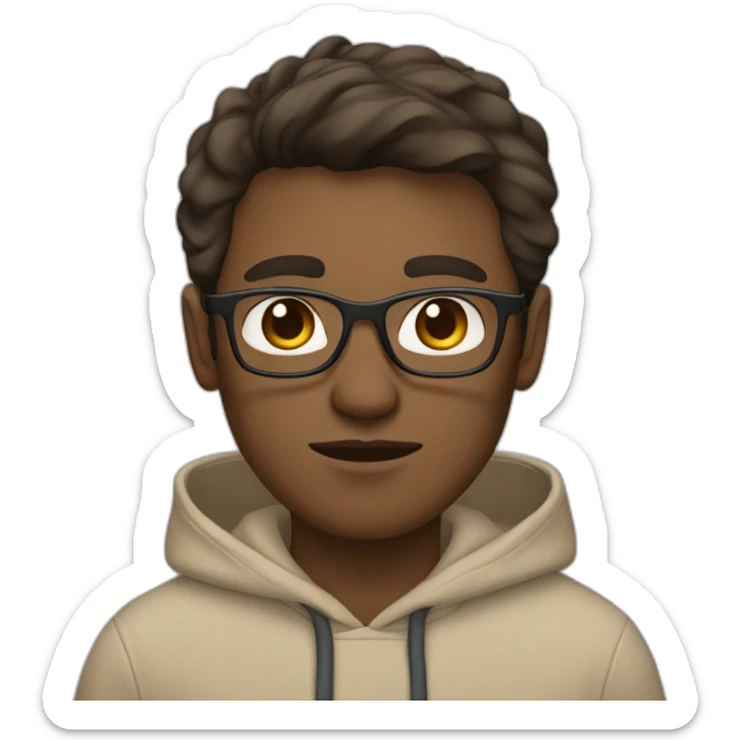 Man with blue eyes, brown hair and glasses wearing a beige hoodie up sticker