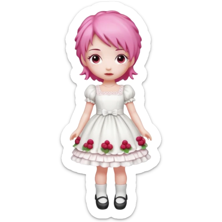 Isolated detaile illustration of the most modern raspberry torte doll figurine full body with pink hair sticker