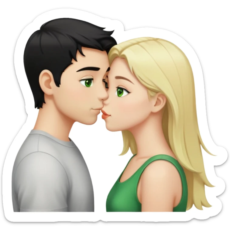 Kissing couple of boy with short black hair and green eyes and blonde girl with long hair sticker