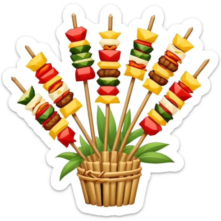 Sichuan Skewers Chuan Chuan Xiang with various foods on bamboo sticks, simplified emoji style with bold outlines and bright colors, cartoon style spicy street food sticker