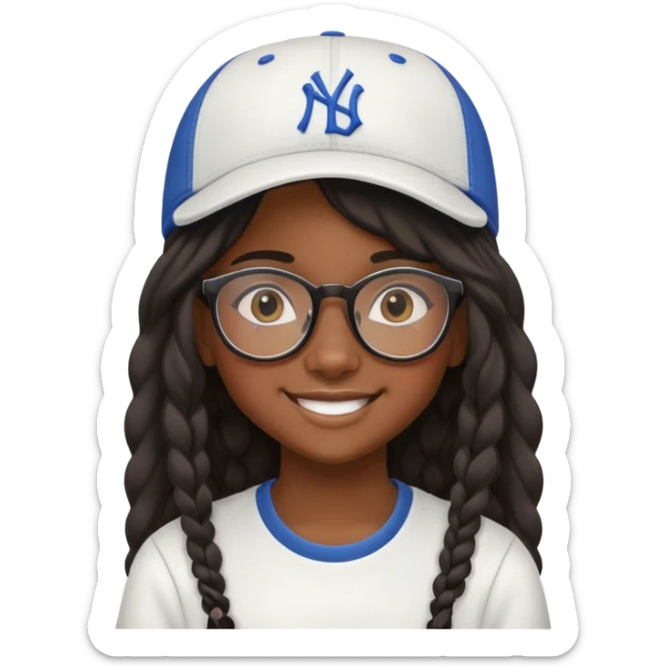 "- Nữ
- 15 tuổi
- Da đen, đeo kính
- Tóc dài
- Đội mũ lưỡi trai ngược đằng sau
- cười tươi, tóc bồng bềnh sticker