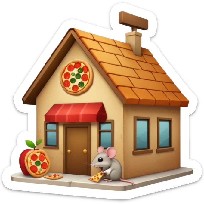 emoji-style icon of a restaurant building with a food sign like a burger or pizza, trash and food scraps outside, flies, bugs, and a rat in the style of the apple emoji rat, unsanitary and dirty, clear at small size, no text sticker