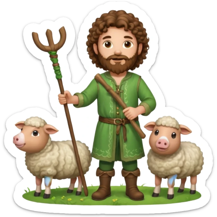 happy young shepard with long curly brown beard and long curly brown hair, in green magical outfit, with wooden shepard stick in hands, taking care of sheep and pigs sticker