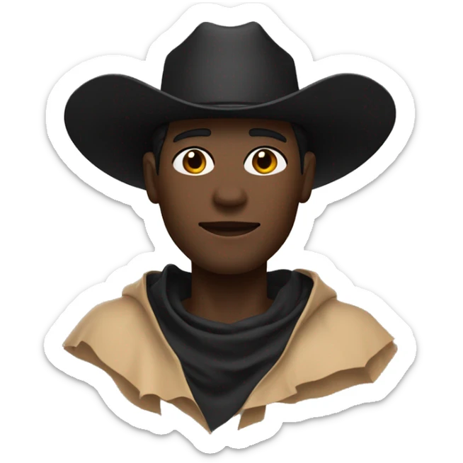 a black guy with fair skin, wearing a black cowboy hat and a black bandana covering the lower part of his face. A brown poncho is visible. Angle: upper body, accent on the face sticker