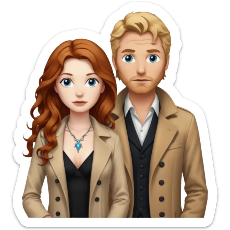 J9hn Constantine and Long wavy Auburn hair woman BLUE eyes wearing black cami and one tattoo sleeve sticker