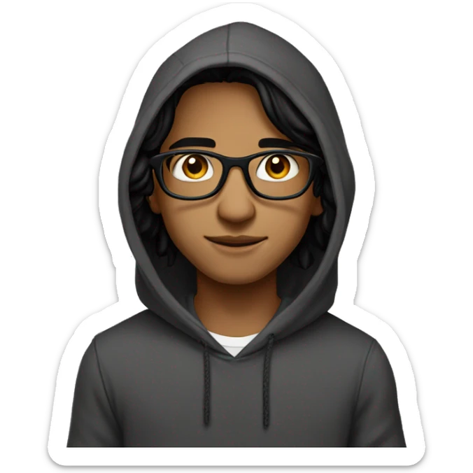 India boy middle parting black long hair dark hazel eyes thin glasses hoodie sticker