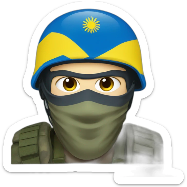 ukrainian soldier face in a mask with a ukrainian flag on the backgroun sticker