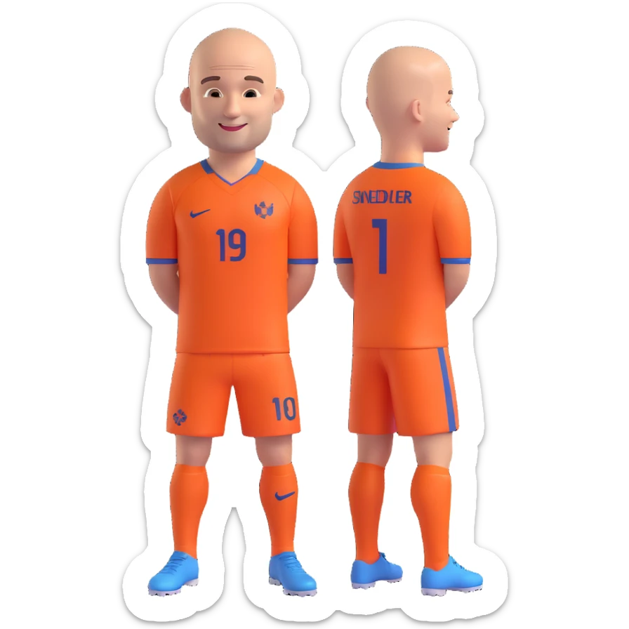 Wesley Sneijder, Dutch footballer, bald, smiling, wearing an orange Netherlands football jersey sticker